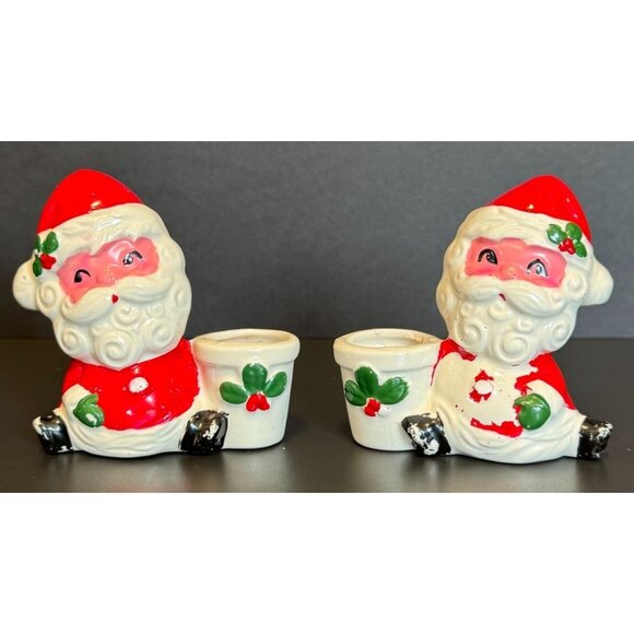 Vintage Santa Claus Ceramic Candle Holders Set Of 2 Festive Christmas Decor Red - Picture 2 of 16